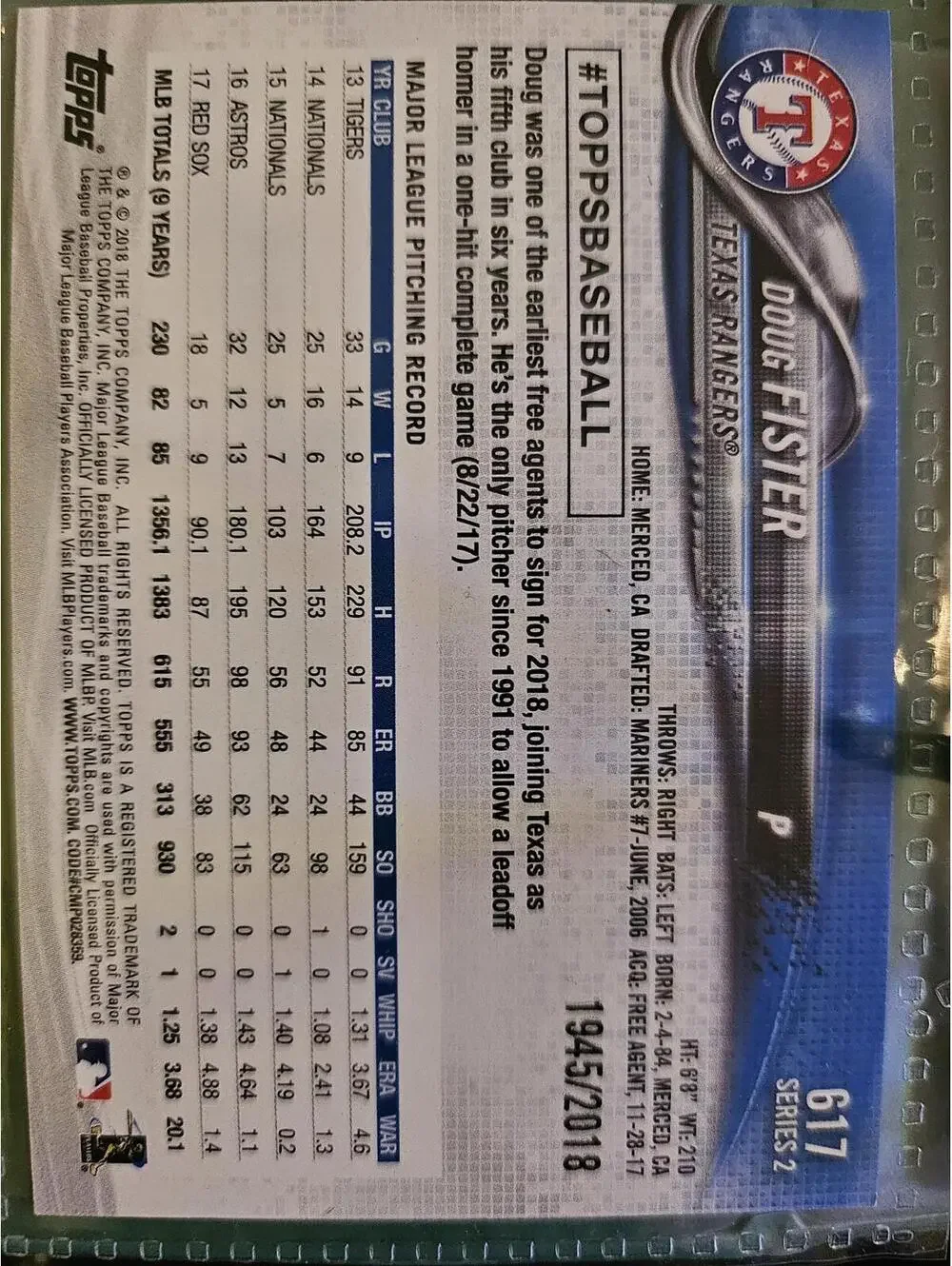 2018 Topps GOLD insert- Doug Fister - No. 1945/2018  #617 - Rangers - RAW Mint